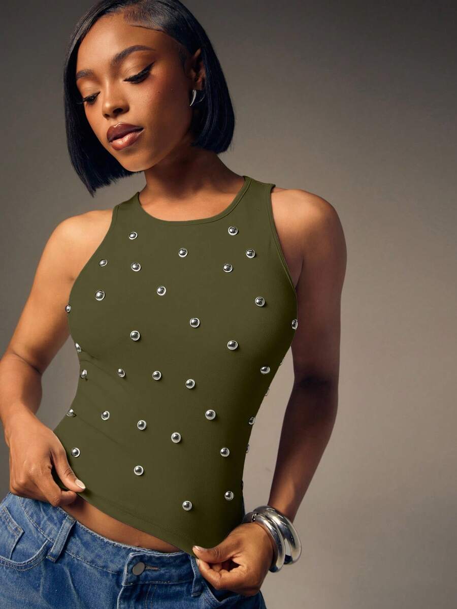 Denimoi Studded Round Neck Fashionable Sleeveless Top - Army Green - View 1