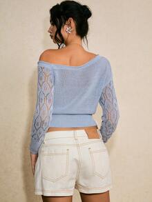 Poéselle 女士透视斜肩长袖修身针织上衣，适合日常穿着 - 藍色 - 查看 3