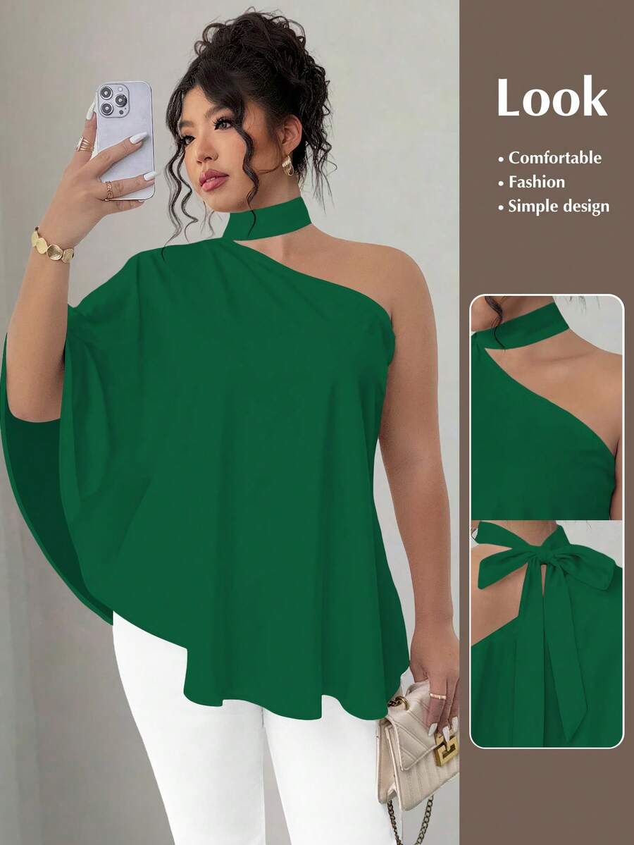 SHEIN Elenzya Kemeja Ukuran Besar dengan Kerah Miring dan Model Halter Motif Tie Dye - Hijau - View 1