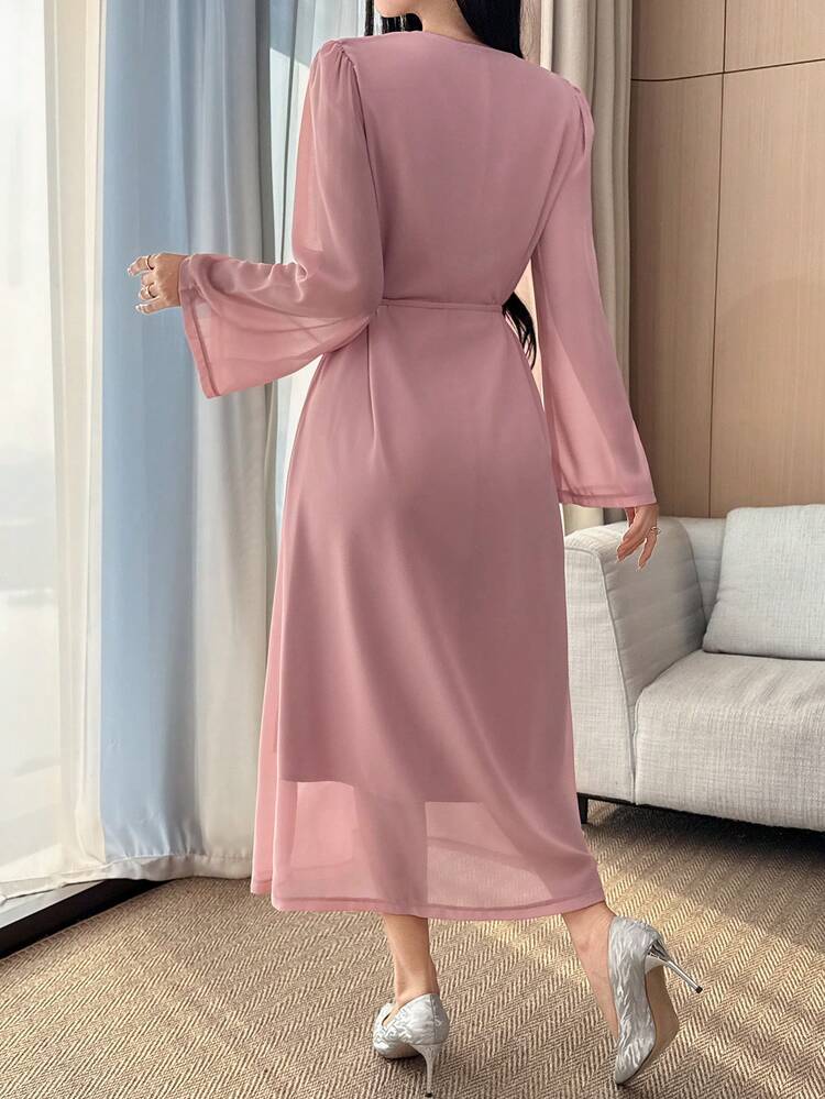 Women's Elegant Solid Color Flare Sleeve Belted Headscarf 2 Pieces Set, Spring/Summer