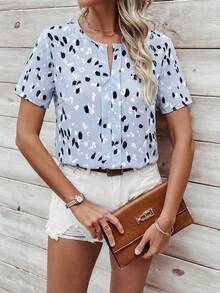 SHEIN LUNE Women's Casual Notch Collar Short Sleeve Printed Shirt, Summer - Blue - View 4