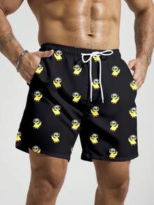 Manfinity Swimmode 男士卡通印花抽绳腰带沙滩短裤，夏季 - 黑色 - 查看 5