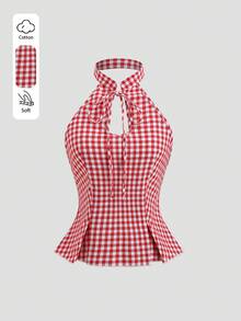 Sweetra Women's Plaid Print Halter Twist Fitted Elegant Tank Top, Spring/Summer - Red and White - View 1