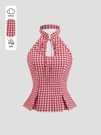 Sweetra Top de tirantes ajustado y elegante con estampado de cuadros para mujer, primavera/verano