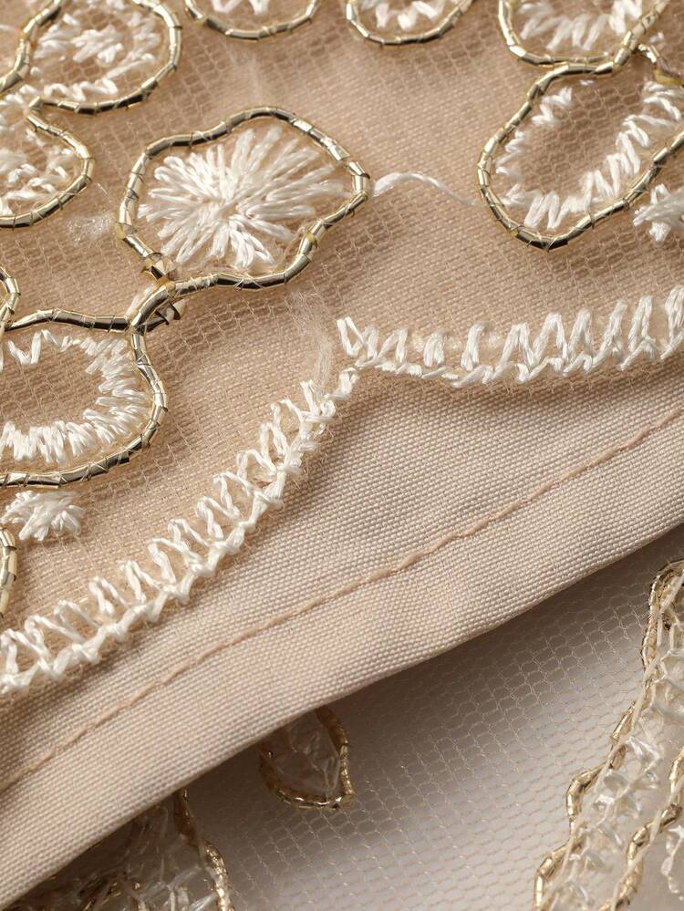 Women's Elegant Embroidered Mesh V-Neck Waist Cinched Dress, Vacation Style, Summer Maxi Dress Sundress Floral Dresses For Women