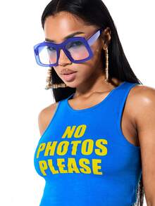 SUMWON WOMEN 露脐背心，印有“请勿拍照”标语和露背设计，适合夏季节日休闲街头穿着。 - 藍色 - 查看 4