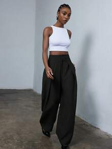 Aveloria Modichic New Stylish Design Sense Casual Pleated Loose Commuter Wide Leg Suit Pants - Black - View 5