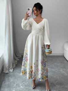 Modelyn Women's Crossed Wrap Lantern Sleeve Mid-Length Dress - Apricot - View 3