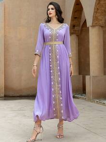SHEIN Najma Layered Chiffon Elegant Lace Maxi Dress, Light Purple, Long Sleeve - Mauve Purple - View 3