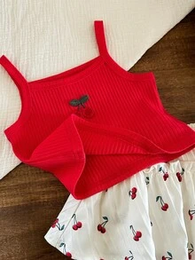 LMoss Kids 2pcs Baby Girl Knitted Solid Color Cherry Embroidery Camisole And Woven Shorts Set - Red - View 3