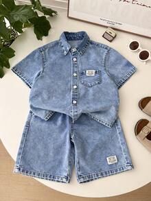 LMoss Kids 2pcs/Set Young Boy New Casual Soft Cute Blue Denim Short Sleeve Shirt And Long Jeans Shorts Set Spring Summer,For Kids Spring/Summer Dailywear Outfits,Boys Streetwear Outfits,Boys Beach Outfit,Vacation Outfits For Boys,Casual Clothes For Boys,Graphic Two-Piece Set,Toddler Two-Piece Set,4-Year-Old Boys Two-Piece Set ,Summer Two-Piece Set,Casual Two-Piece Set - Light Wash - View 8