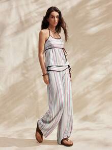 Easelle 两件套条纹印花露背吊带背心和系带阔腿裤梭织女装 - 彩色 - 查看 5