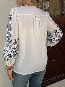 Vivie Lora Women's Loose Fit Round Neck Print Elegant Vacation Blouse - Navy Blue - View 3