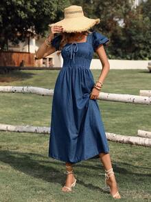 Breezaya 优雅荷叶边下摆收腰长款牛仔连衣裙，女士款 - 中等水洗藍 - 查看 3