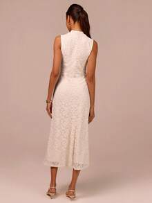 COSMINA 女士优雅蕾丝针织提花无袖长款连衣裙，杏色提花长裙，质感面料休闲度假约会连衣裙，简约纯色浪漫长款连衣裙 - 杏色 - 查看 2