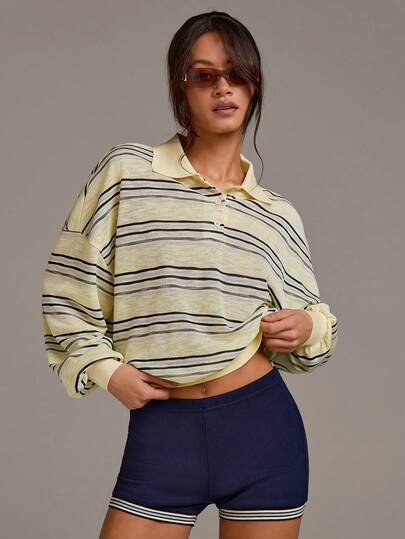 Athîral 女士休闲条纹上衣短裤两件套，春秋季