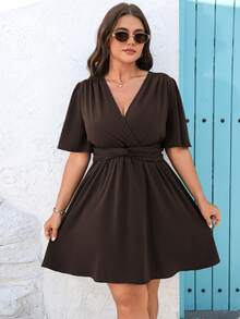 Ceyna Plus Size Women's Elegant Criss-Cross Shirred Twist Waist A-Line Flare Sleeve Short Dress, Suitable For Commute And Vacation, Spring/Summer Plus Size Brown Dress Plus Size Wrap Dress Coffee Brown Dress Dark Brown Dress Plus Size Vacation Dress Plus Size Dress Dark Brown Wrap Dress Plus Size Brown Wrap Dress - Chocolate Brown - View 4