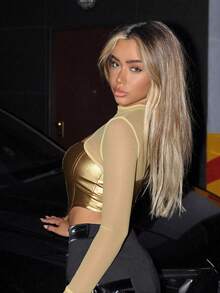 SHEIN ICON Áo croptop phối lưới PU màu đen, khoét phía trước, vạt áo bất đối xứng. - Vàng - Xem 3