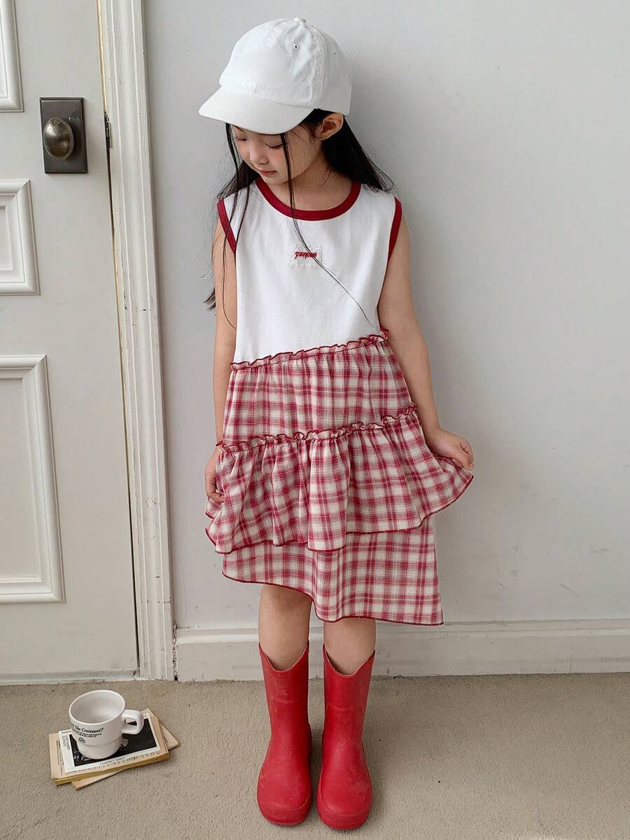 DAZY Young Girl Summer Letter Graphic Plaid Ruffle Hem Sleeveless Casual Dress - Multicolor - View 1