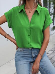 EMERY ROSE Women's Solid Color Batwing Sleeve Single-Breasted Casual Shirt - Green - View 6