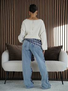 SAYEHFBABY Women's High Waist Side Knot Plaid Wide Leg Loose Casual Jeans - Black - View 2