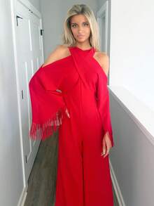 Sydney Algeri 2025 Autumn And Winter New Elegant Commuter Solid Color Fit Bright Red Cross Neckline & Tassel Long Sleeve Women Jumpsuit, Suitable For Parties And Daily Outings,Country Concert Outfit,Halloween,Christmas, Night Out,Wedding Guest Dress,Birthday Dress,Brunch Outfits For Women,Daily Outings -A - Red - View 3