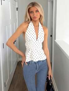 Sydney Algeri Women's Halter Deep V-Neck Ruched A-Line Backless Polka Dot Camisole - White - View 5