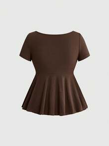 ROMWE Hippie Wooden Bead Embroidered Square Neck A-Line Short Sleeve T-Shirt, Casual Summer - Coffee Brown - View 2