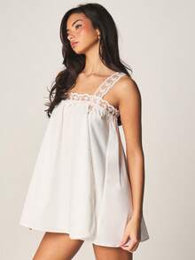 MISSGUIDED Lace Trim Babydoll Nightdress Sleepwear Empire Waist Mini Sleep Dress Square Neckline Sleeveless Lingerie Nightgown Bedroom Loungewear - White - View 4
