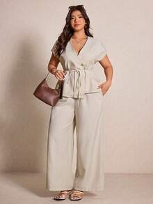 Elaquor Conjunto de 2 piezas de top elegante con cintura anudada y pantalones anchos de pierna ancha en unicolor para tallas grandes - Albaricoque - Ver 3