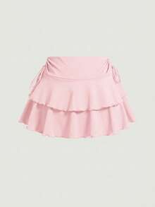 SHEIN PETITE CURVE Váy xòe màu trơn với chi tiết dây rút và xếp ly. - Màu Hồng baby - Xem 4