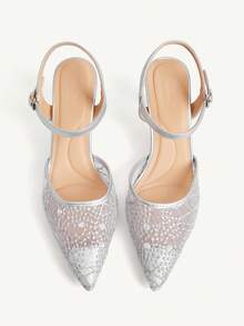 CUCCOO CHICEST Women's Pointed Toe Silver Embroidered Mesh Ankle Strap Comfortable Breathable Fashion Elegant Party Banquet High Heel Pumps - Silver - View 1