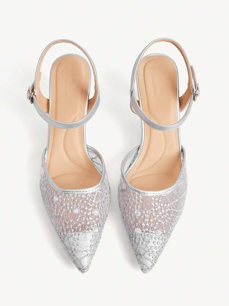 CUCCOO CHICEST Women's Pointed Toe Silver Embroidered Mesh Ankle Strap Comfortable Breathable Fashion Elegant Party Banquet High Heel Pumps Wedding Shoes Summer Shoes Bride Shoes