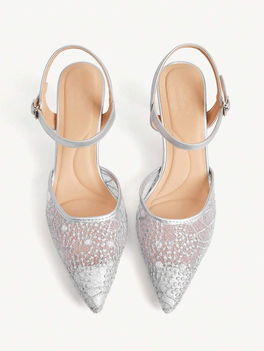 CUCCOO CHICEST Women's Pointed Toe Silver Embroidered Mesh Ankle Strap Comfortable Breathable Fashion Elegant Party Banquet High Heel Pumps - Silver - View 1