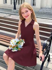 SHEIN 少女纯色V领无袖收腰修身A字连衣裙 - 酒紅色 - 查看 6