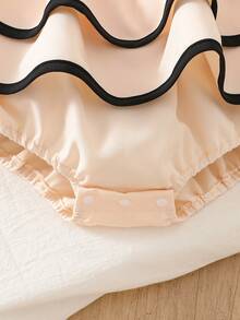 女婴优雅甜美风荷叶边蝴蝶结装饰无袖多层连体衣，轻盈柔软透气，飘逸舒适，适合日常穿着和可爱拍照，春夏时尚套装 - 杏色 - 查看 3