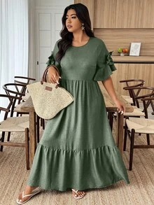 Weeklong Plus Size Casual Solid Color Bow Decor Dress - Army Green - View 5