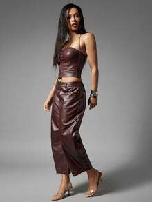 Denimoi 秋冬季时尚桶形仿皮裤，适合闺蜜约会之夜。 - 酒紅色 - 查看 5