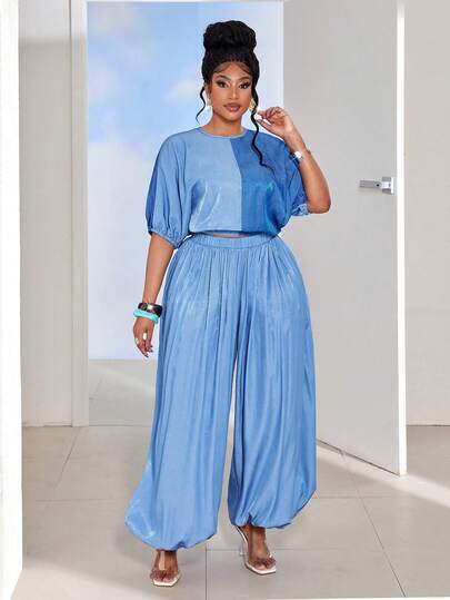 Maweii 2pcs/Set Women Plus Size Casual Denim Patchwork Round Neck Top And Loose Fit Pants, Versatile Outfit For Daily, Commute, Street Style, Spring/Summer/Autumn