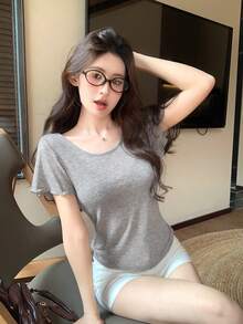 DAZY 女士圆领短袖荷叶边袖口修身休闲T恤 夏季 - 灰色 - 查看 4