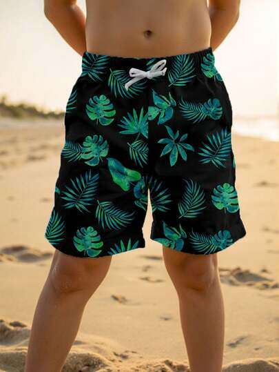 Tween Boy Casual Loose Tropical Plant Print Beach Shorts, Suitable For Summer, Beach, Outdoor, Swimming, Classic Vacation, Surfing