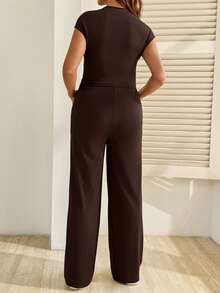 SHEIN Maternity Clothes Maternity Co Ord Summer Pregnant Clothes Brown Two-Piece Set Highly Elastic Casual - Brown - View 2