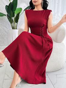 Modelyn 女士纯色圆领腰部镂空抽绳设计优雅中长连衣裙 - 酒紅色 - 查看 7