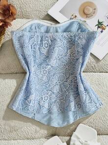 Franclia Women's Floral Embroidery Bandeau Top, Suitable For Beach/Resort Wear, Summer - Baby Blue - View 2