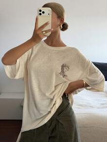 DAZY Women's Summer Round Neck Short Sleeve Sheer Printed Loose Casual Street T-Shirt Graphic Tees Women - Apricot - View 6