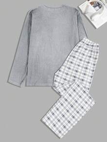 EURMUSE 男士舒适休闲印花长袖T恤和格子睡裤套装 - 灰色 - 查看 2