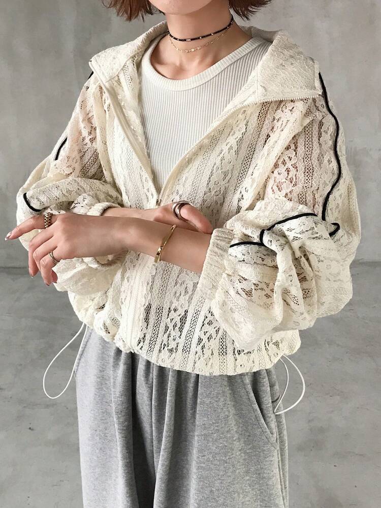 FRIFUL Women's Lapel Open Front All-Over Lace Lantern Sleeve Loose