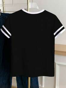 Resyla Women's Casual Patchwork Knight Print Round Neck T-Shirt, Summer - Black - View 2