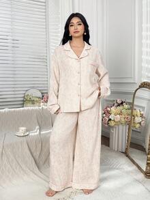 Dazy Plus Elegant Floral Pattern Loungewear 2 Pieces Set, Loose Pocket Lapel Top And Straight Leg Pants, Plus Size Women Spring/Autumn Pajama Set - Yellow - View 4