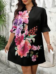 SHEIN Clasi Vestido de manga corta con estampado floral de talla grande - Negro - Ver 3